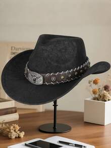 Sombrero unisex bohemio de vaquero - Sombrero vaquero vintage occidental con decoración de cabeza de ganado y cinturón, Panamá de fieltro suave hecho a mano, ala ancha, retro para fiestas