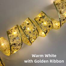 Silver & Gold Battery-Powered LED Christmas Ribbon Lights (Batteries Excluded) - Flexible, Ribbon & Bow, Indoor/Outdoor, Warm White/White/Multi-Color, Steady/Flash, Ideal For Wreath, Staircase, Holiday Decor