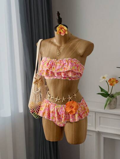 Bellisia Women's Ditsy Floral Bandeau Bikini Set, Casual Holiday Swimwear With Low Waist Cake Skort For Summer Beach Vacation