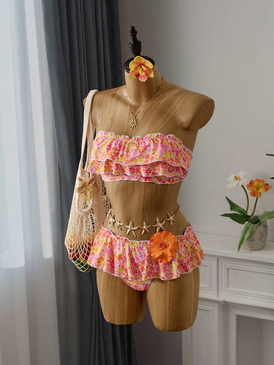 Bellisia Bộ bikini bandeau họa tiết hoa nhỏ xinh dành cho nữ, đồ bơi ngày lễ thường ngày kèm váy xòe cạp trễ cho kỳ nghỉ hè trên bãi biển - Nhiều màu - Xem 1