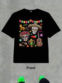 Camiseta Corta de Algodón Hombre: Estampado Único de Día de los Muertos, Suave, Top Opción de Regalo - Negro - Ver 1