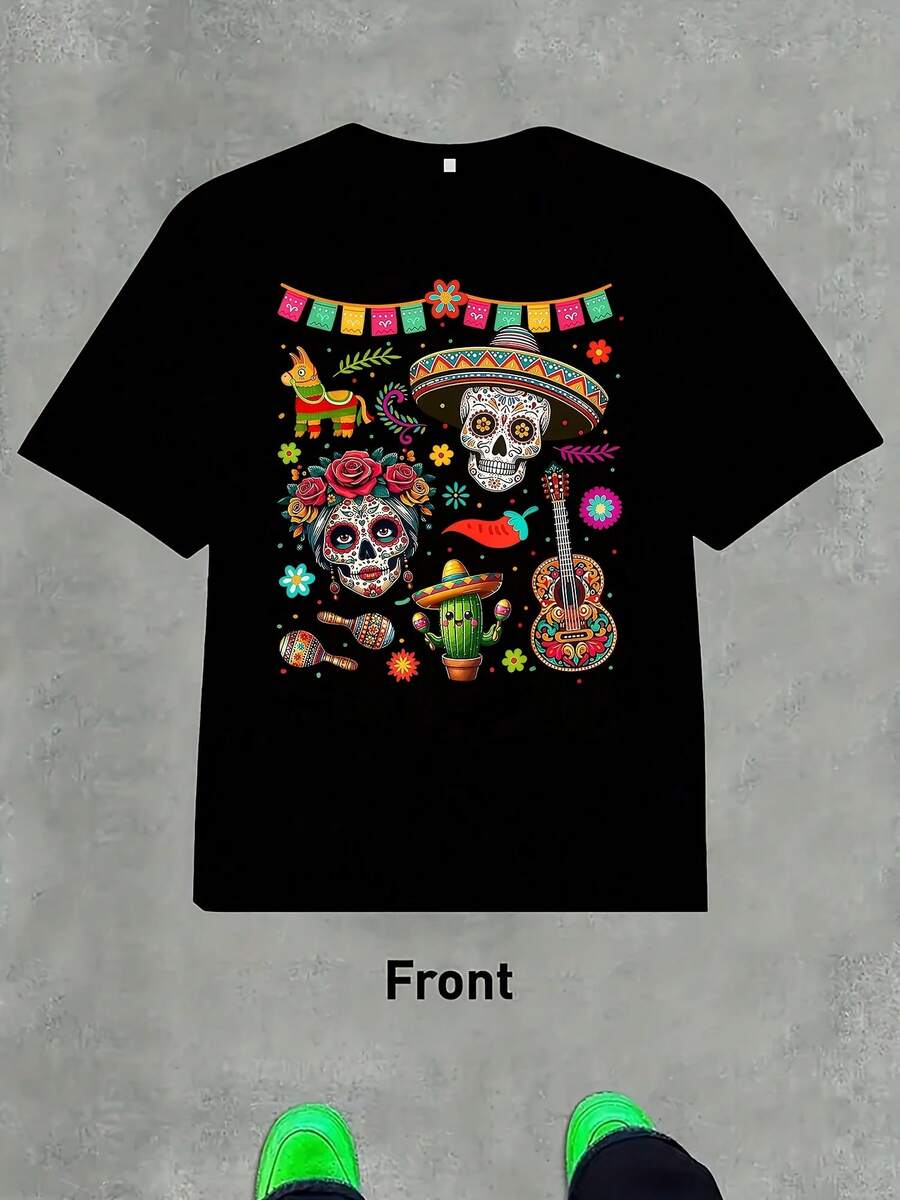 Camiseta Corta de Algodón Hombre: Estampado Único de Día de los Muertos, Suave, Top Opción de Regalo - Negro - Ver 1