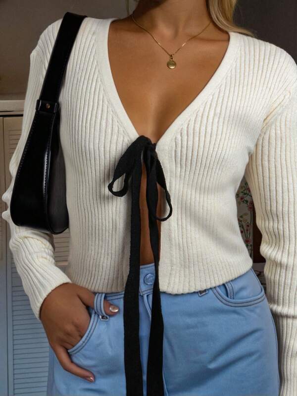 Femmes Cardigan décontracté ample polyvalent à nœud, pull tricoté moulant à manches longues, printemps/automne/hiver