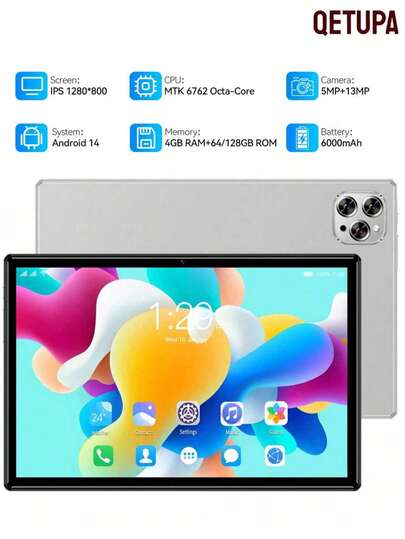 Qetupa Tableta PC Android 14 de 10.1 pulgadas, 4GB de RAM + 64GB/128GB/256GB de almacenamiento, procesador MTK6772 Octa-Core de 1.8GHz, pantalla táctil IPS HD (1280x800), Bluetooth 5.2 y WiFi 802.11ac 5, GPS, cámara frontal de 2MP y cámara trasera de 5MP, batería grande de 6000mAh, no compatible con tarjeta SIM, mejor regalo para Navidad, Halloween, cumpleaños y bodas