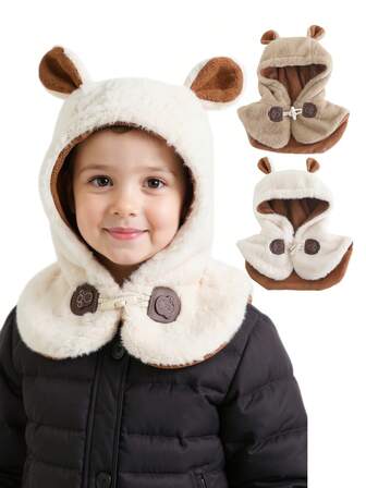 1 件儿童熊耳朵毛绒帽子和围巾套装，冬季保暖护耳帽，适合男孩和女孩，适合 3-8 岁