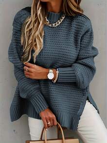 Plus Size Casual Solid Color Mock Neck Long Sleeve Knit Sweater - Navy Blue - View 1