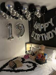 551pcs Silver & Black Birthday Decoration Set | 500 Nonwoven Fabric Petals, Happy Birthday Banner Letters + Love & Heart Foil Balloons | Thick Latex Balloons, Dark Aesthetic Party Background, Suitable For Romantic Bedroom Decor, Midnight Surprise Birthday Party Decor, Influencer Photo Backdrop - Multicolor - View 5