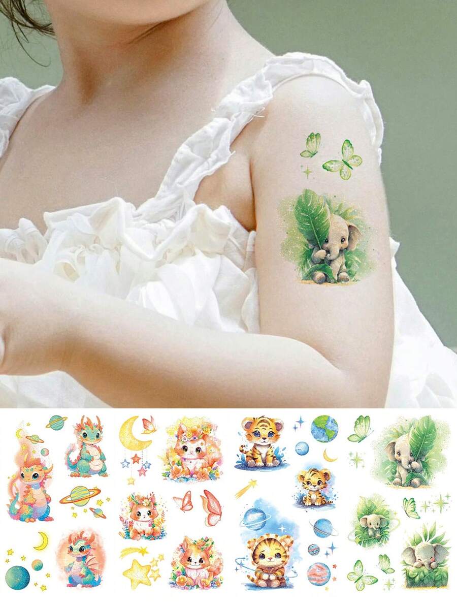 4 Blatt Körperkunst Tattoo Aufkleber geeignet für Mädchen und Jungen, bunte süße Cartoon Drachen, Tiger, Fuchs und Elefant Tiermuster, wasserfeste Fake Tattoos, halten 2-5 Tage, können an Fingern, Armen, Hals, Schultern, Brust, Beinen und Knöcheln verwendet werden, geeignet für Urlaubsfeste und Geschenke