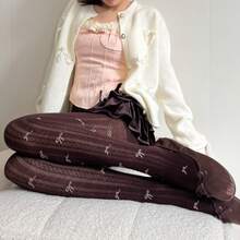 زوج من سراويل الجاكار للنساء ذات الخطوط الرأسية المتباينة اللون مع فيونكة، قطن بدون درز في أصابع القدم