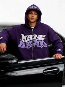 New Spring And Autumn Sweater Men's And Women's Fashion Wear Group Men's Hip-Hop Foam Letter Top Printing Hooded Zipper Sweater Christmas Match Women's Casual Top Cardigan Coat - 紫色 - 查看 5