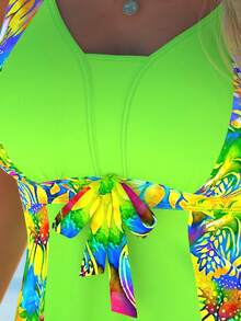 AGUACUBE Women'S Floral Print Sleeveless Tankini Set - Vibrant Summer Beachwear With Bow Detail, Off-Shoulder Design, High-Stretch Spandex Fabric, Shorts, And Cover-Up Bottoms, Floral Print Dres - 綠色 - 查看 4