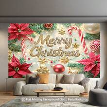 2D plano, 1 pieza, Tela de fondo de decoración navideña para el hogar, diseñada con bastones de paseo con reflectores y pancartas con patrón de flores rojas, muy adecuada para la fiesta de Navidad, decoración del festival, fondos de fotografía, sin electricidad requerida, fácil de colgar, tela de poliéster duradera, esencial para la decoración navideña