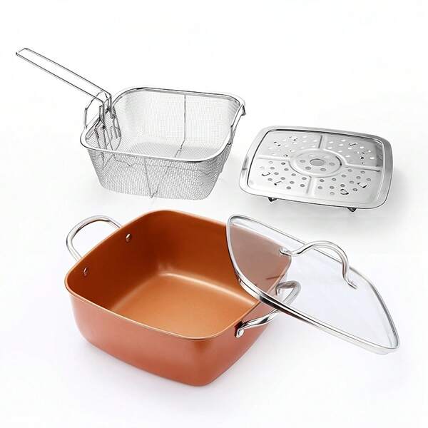 4-Piece Deep Fryer Combo Set (Square Pan, Fry Basket, Steamer Plate, Lid) High Heat-Resistant Pan For Restaurants (Dishwasher/Oven , Easy To Clean)
