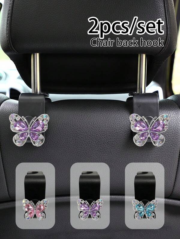 2pcs Sparkling Fashion Full Rhinestone Butterfly Backseat Hooks, Car Interior Storage Hook Decoration, Universal Type, Other Plastic Materials - Very Suitable For Organization And Fashion Accessories Storage, Car Hook, Seat Back Hook, Sweet Rhinestone Butterfly Hook, A Perfect Gift For Family, Friends, And Loved Ones, Perfect For Christmas And Thanksgiving.