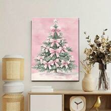 Un cuadro con marco de madera que representa un árbol de Navidad adornado con lazos rosas, adecuado como arte decorativo para la sala de estar, el dormitorio y
