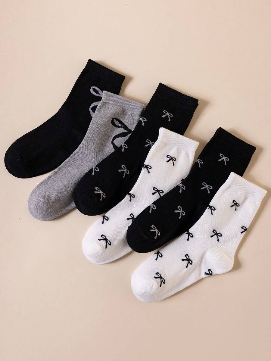 6 șosete cu fundiță decorativă până la jumătatea gambei, moi și confortabile, potrivite pentru birou, ținute casual sau în aer liber - 6 bucăți culori mixte - Vizualizare 1