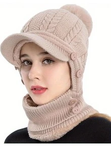 1 pezzo Cappello paraorecchie invernale lavorato a maglia con sciarpa - Foderato in pile termico per donna, berretto con copertura per il viso per climi freddi, ultra caldo per sci/snowboard/uso quotidiano, balaclava da donna