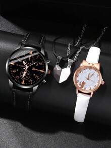 4件时尚精致礼品，礼品套装简约圆形石英表，圆形男女情侣标志带心形吊坠情侣项链套装 - 彩色 - 查看 1