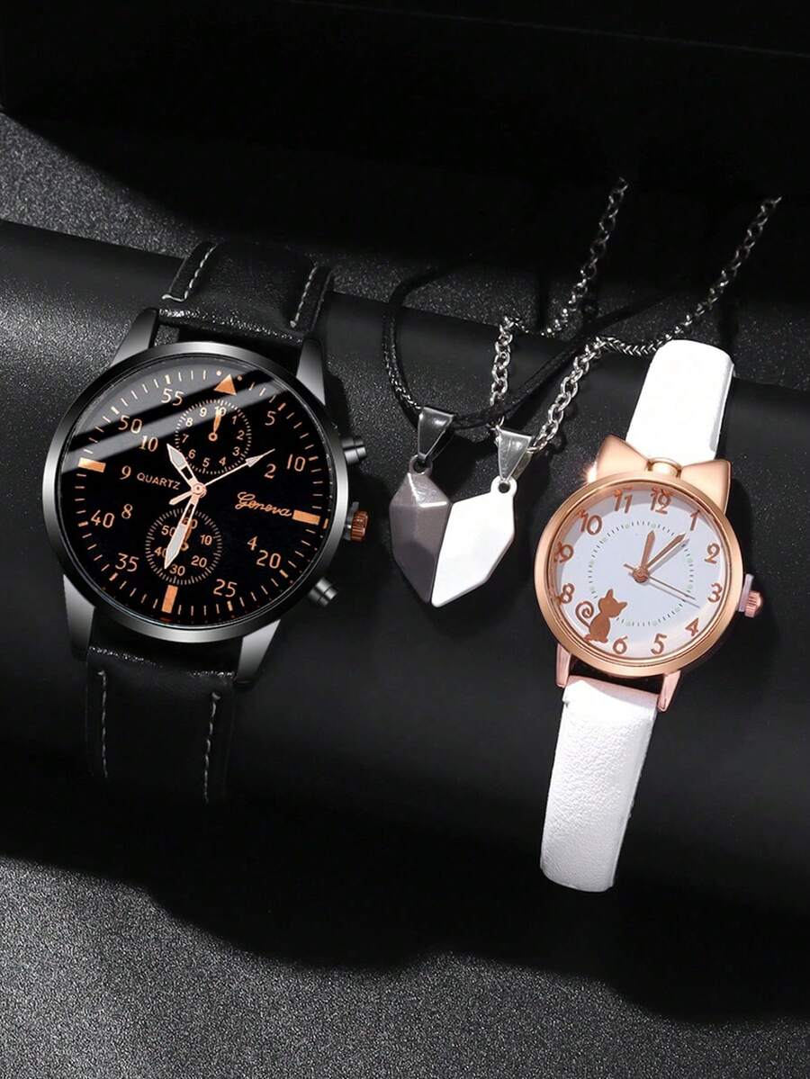 4件时尚精致礼品，礼品套装简约圆形石英表，圆形男女情侣标志带心形吊坠情侣项链套装 - 彩色 - 查看 1