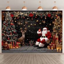خلفية ديكور عيد الميلاد بموضوع بابا نويل، تتميز بمشهد رنة بهيج وبابا نويل، صناديق هدايا وشجرة عيد الميلاد. ديكور عطلة عالمي، لا يتطلب كهرباء - مثالي لغرف المعيشة والديكور الخارجي وأستوديوهات التصوير. متوفر بأحجام متعددة. - متعدد الألوان - مشاهدة 3