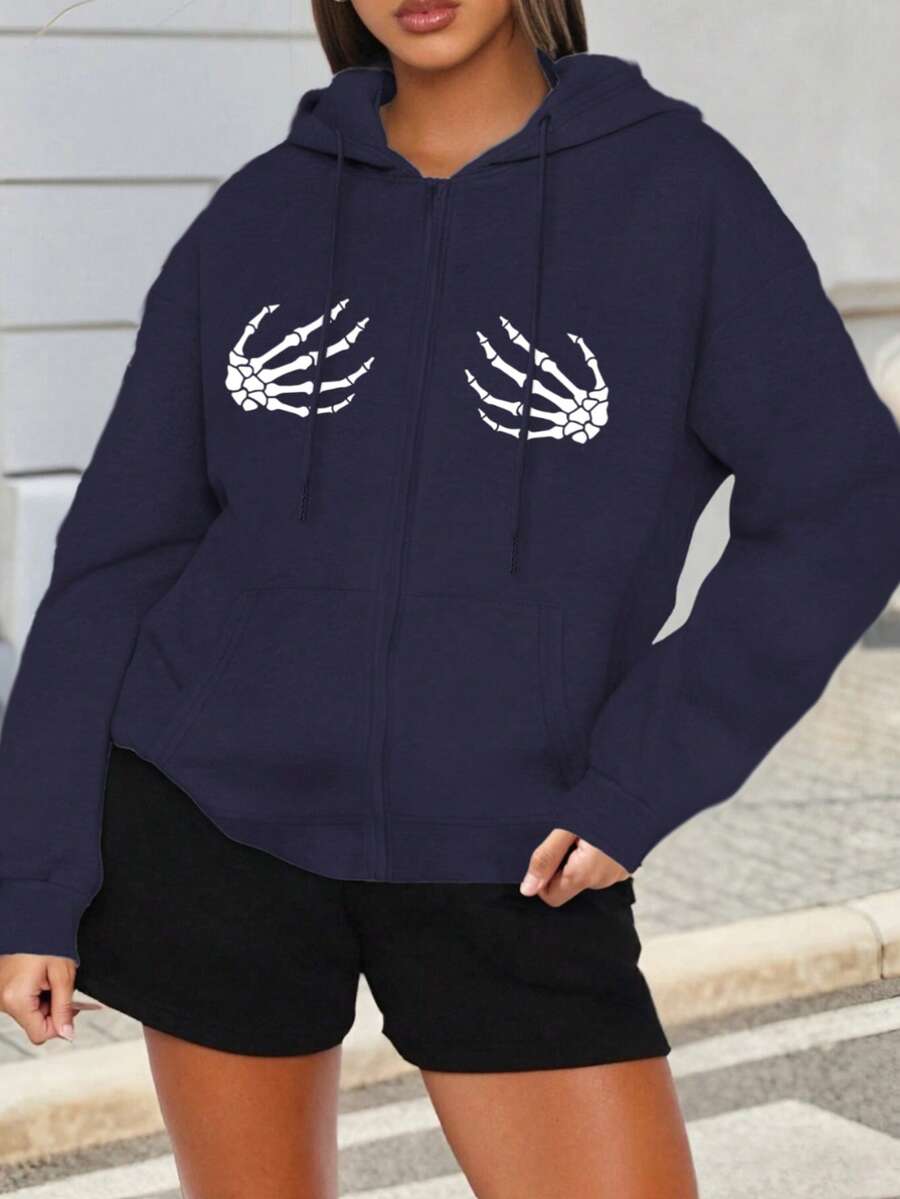 Mujer005 Sudadera con capucha con cremallera del Día de los Muertos invierno sudadera de manga larga cómoda suave - Azul - Ver 1