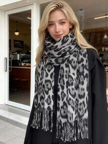 1 Khăn quàng cổ họa tiết da báo 68*200cm dành cho nữ, khăn choàng tua rua bằng vải cashmere giả dày, cổ điển & đa năng, ấm áp cho mùa thu/đông để mặc - Khăn quàng cổ họa tiết da báo - Xem 2