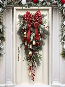 Guirlanda de Natal com laço, sinos dourados e fita vermelha, feita de poliéster, medindo 70,8 x 35,4 polegadas. Uma decoração festiva ideal para a porta de entrada e também para as celebrações de Natal e Ano Novo.