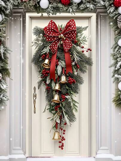 Guirlanda de Natal com laço, sinos dourados e fita vermelha, feita de poliéster, medindo 70,8 x 35,4 polegadas. Uma decoração festiva ideal para a porta de entrada e também para as celebrações de Natal e Ano Novo.
