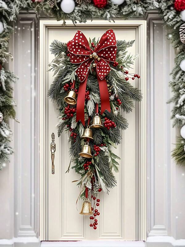1 pieza Corona de Navidad con lazos, campanas doradas y cinta roja, hecha de poliéster, con medidas de 180 x 90 cm. Una decoración festiva para el hogar adecuada para la puerta principal, y también para las celebraciones de Navidad y Año Nuevo.