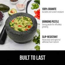 Heavy Duty Mortar And Pestle Set With  Resistant Base, 100% Granite Stone Molcajete Guacamole Bowl, Grind Seeds Spices, Crush Garlic, Kitchen Muddler For Fresh Herbs, 1.5 Cup, Black,24156607 - 黑色 - 查看 2