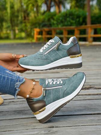 Solid Color Lace-Up Fashionable New Couple Unisex Comfortable Contrast Color Lace-Up Thick Sole Sneakers, Summer Beach Resort Wedge Breathable Knit Round Toe Slip-On Walking Shoes, Outdoor Lightweight Casual Minimalist High-End Non-Slip Durable Running Shoes