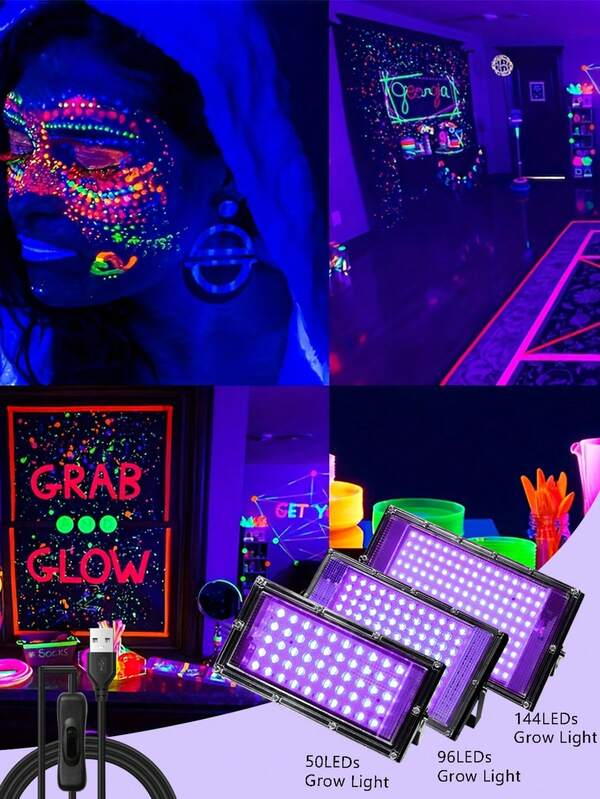 Tubo de lâmpada UV preta, luz negra de 5 volts, equipado com plugue e interruptor USB, cabo de 150 cm / 59 polegadas, adequado para festas de fogueira, quartos, Halloween, pôsteres fluorescentes, iluminação de palco, embalagem com caixa de metal.