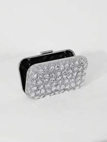 奢华银色水钻装饰晚宴手拿包，饰有不规则形状的大水晶随机分布，方形，闪亮，百搭，采用纹理亚克力材质，配有可拆卸链条肩带和水晶扣，优雅精致，适合派对和聚会。 - 銀色 - 查看 10