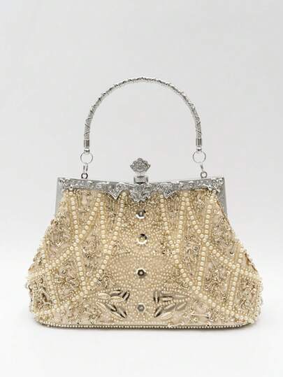 1 pezzo Borsa clutch da sera elegante e di lusso in stile vintage anni '20, con decorazioni floreali, totem, perline, paillettes, foglie in metallo e cristalli, adatta per feste, matrimoni, occasioni formali