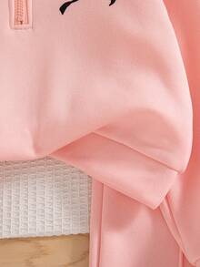 两件套少女休闲蝴蝶印花落肩圆领长袖卫衣长裤套装，保暖连帽衫和长裤，秋冬季 - 粉色 - 查看 6