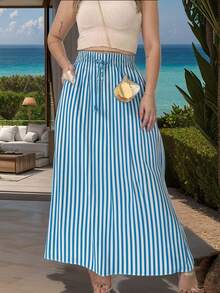 Steve Store Women's Fashion Striped Viscose Skirt With Lining, Pocket And Side Slit, Elasticated Waist - Màu xanh lam - Xem 4