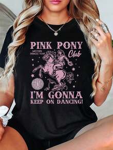 PINK PONY Women's Black Graphic T-Shirt - Pink Pony Club & "I'm Gonna Keep On Dancing!"Print, Short Sleeve Crew Neck Casual Top With Cartoon Stars & Disco Ball Design, Medium Stretch Machine Washable Spring/Summer Tee, Spring Fashion, Playful Style, Mediumstretch Fabric - 白色 - 查看 6