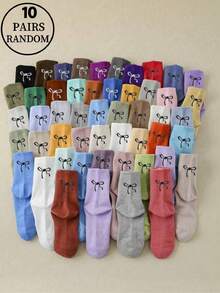 1 Pair/10 Pairs Autumn And Winter Random Multi-Color Candy Color Dopamine Outfit Heel Bow Pattern Japanese Sweet And Cute Daily Versatile Outdoor Sports Gym Outfit Commuting Portable Girls Campus Home School Style Outfit Can Be Matched With Sports Shoes Leather Shoes Chunky Sneakers Soft And Skin Friendly Comfortable Warm Women's Crew Socks