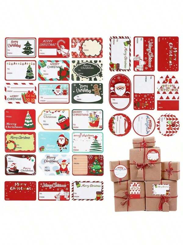 50 Sheets Festive Christmas Gift Tags - Self-Adhesive Holiday Labels With Santa, Reindeer, Snowmen & Holiday Designs, Red & White Paper Tags For Christmas Presents, Christmas Gift Tags