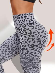 1件豹纹褶皱瑜伽裤，休闲运动紧身裤，适合户外穿着，四季皆宜 - 灰色 - 查看 4