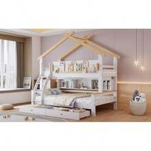 Beliche, duas gavetas com rodízios, corrimão decorativo requintado e design de telhado, escada inclinada de quatro andares, pinho + MDF, branco + natural, 90x200cm e 120x200cm