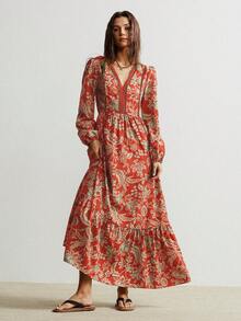 Rusttydustty Đầm dài tay màu nâu cổ chữ V ren khoét rỗng kiểu Bohemian, thích hợp cho đi biển, lễ hội âm nhạc, kỳ nghỉ nhiệt đới, thanh lịch. - Màu Cam cháy - Xem 5