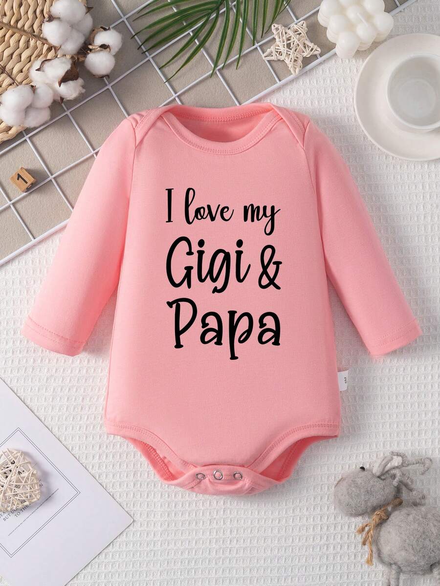 100% Cotton Baby Jumpsuit With "I LOVE MY GIGI & PAPA" Letter Print, Casual Versatile Round Neck Long Sleeve Triangle Jumpsuit, For Spring/Autumn/Winter Wear - 粉色 - 查看 1