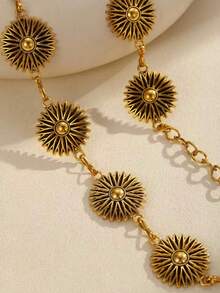 A Sunflower Retro Pattern Fashion Metal Versatile Women's Waist Chain, Women's Fashion Dress Belt, Body Jewelry, Suitable For Spring, Summer, Autumn And Winter Wedding Party Womstyle Waist Chain Adjustable - Ancient Gold - View 3