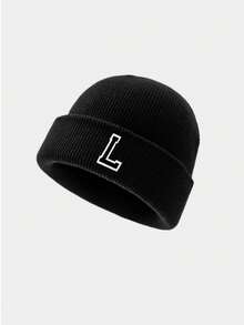 1pc A-Z Letter Kids Knit Beanie Hat, Solid Color Warm Knitted Cap, Suitable For Boys And Girls, Suitable For Outdoor And Daily Wear - Black - View 7
