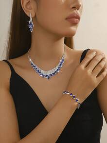 3件套简约闪耀钻石水滴项链耳环首饰套装，适合女士婚礼、生日、周年纪念派对佩戴 - 玫瑰金 - 查看 4