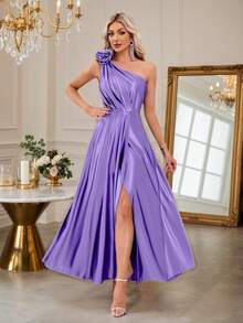 女士优雅光滑针织弹力缎面单肩连衣裙，3D 花卉装饰，性感褶皱夏季晚礼服，高腰喇叭形侧开衩连衣裙，适合约会、派对、庆典、婚礼、伴娘活动、正式场合 - 紫色 - 查看 2