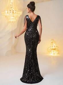 Elegantes Damen Abendkleid in Schwarz mit V-Ausschnitt, Pailletten, Perlen und Kristallkette, Meerjungfrauenschnitt, geeignet für formelle Abendessen, Partys, Hochzeiten, Geburtstagsfotoshootings, Dates