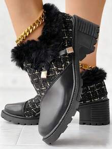 Autumn/Winter New Formal High Heel Shoes, Women's Shoes With Thick Soles, Tweed Patch, Black & Colorblock, Bow Decor, Retro Loafers,Fur Shoes