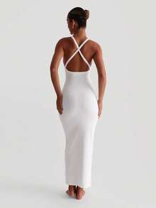 XLLAIS Sexy V-Neck Knit Bodycon Dress, Criss-Cross Back Design, Stretchy Christmas White Set, Suitable For New Year Party Wear Elegant Summer - White - View 4